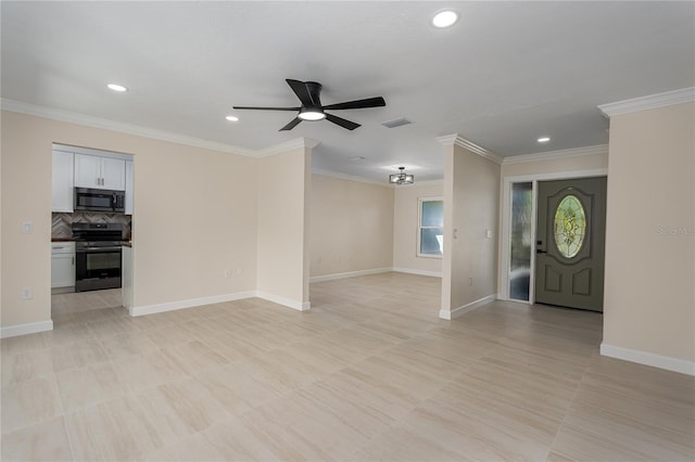 unfurnished living room with ornamental molding and ceiling fan