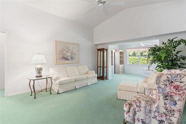 living room featuring carpet, high vaulted ceiling, and ceiling fan