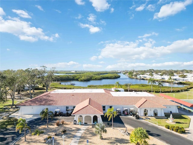 bird's eye view with a water view