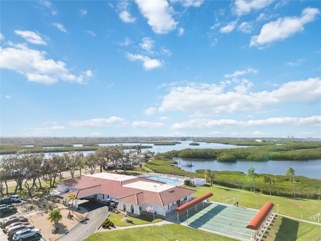 aerial view featuring a water view