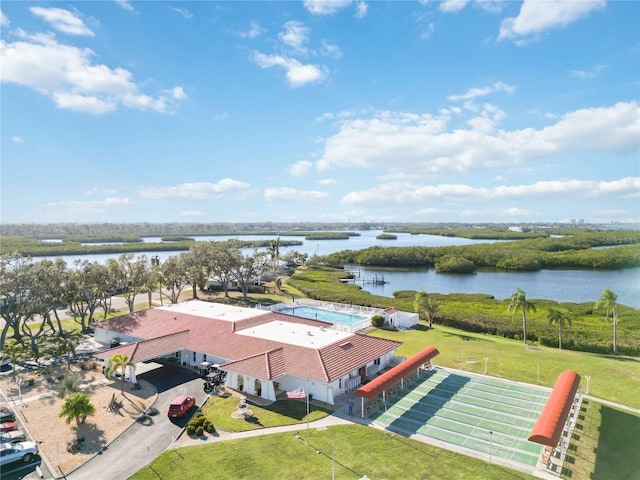 bird's eye view with a water view
