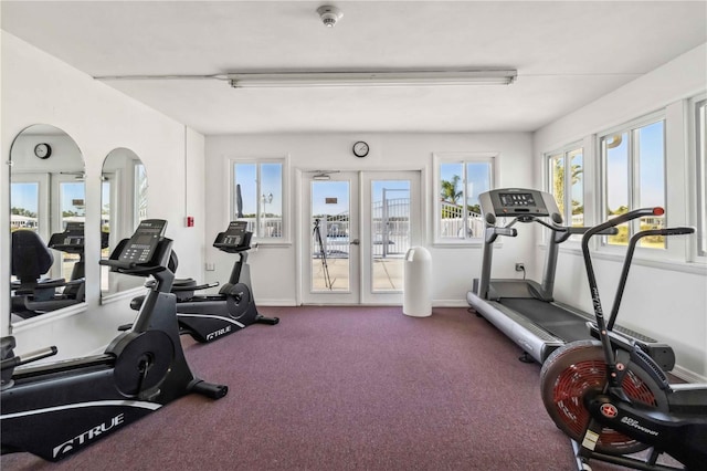 exercise room with french doors and carpet
