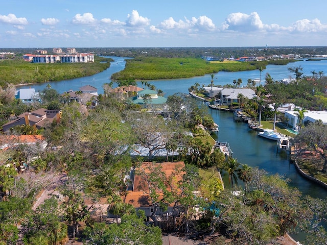 drone / aerial view with a water view