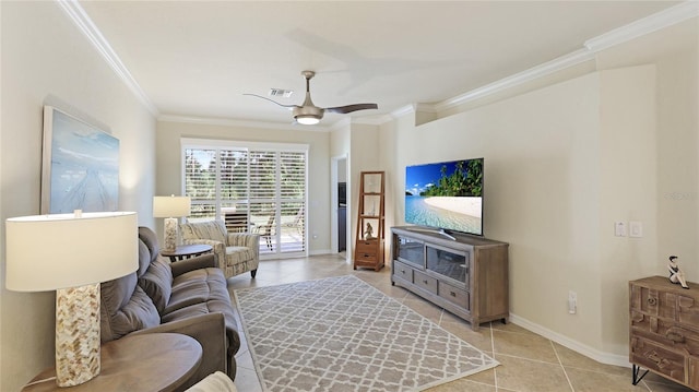 tiled living room featuring crown molding and ceiling fan