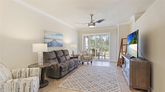 tiled living room featuring crown molding and ceiling fan