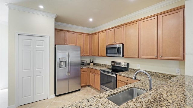 kitchen featuring light tile patterned flooring, sink, ornamental molding, light stone counters, and stainless steel appliances