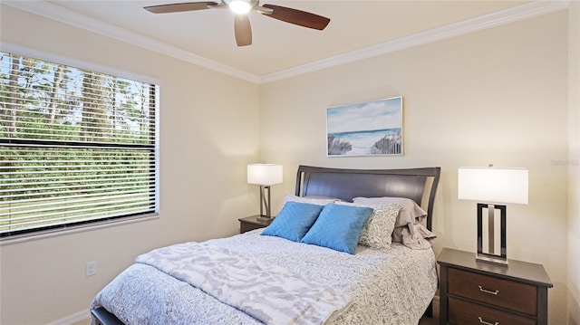 bedroom featuring crown molding and ceiling fan