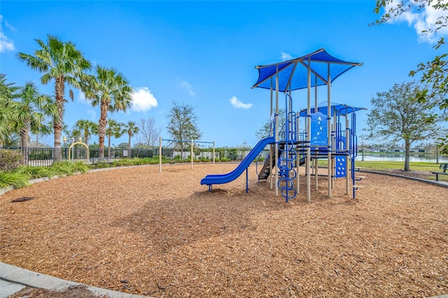 view of play area featuring a water view