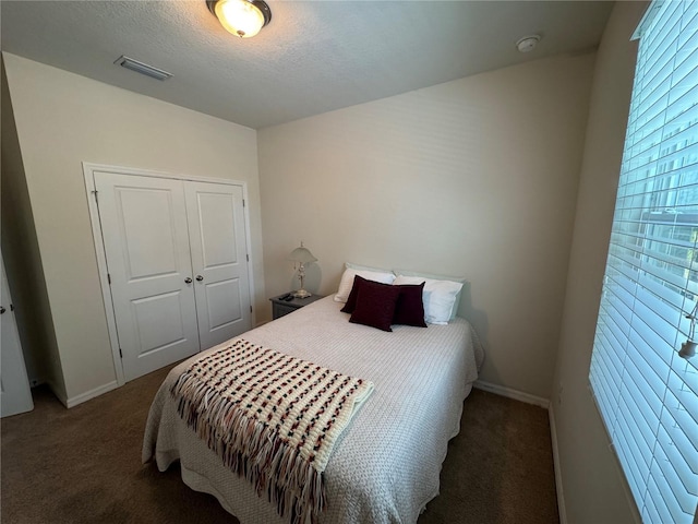 5821 Hevena Ct, Palmetto, FL 34221 - carpeted bedroom with baseboards, a closet, and a textured ceiling