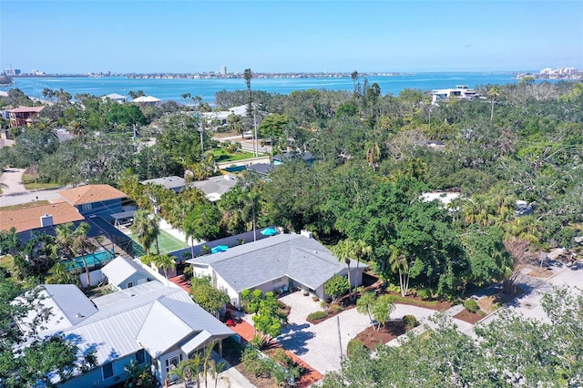 drone / aerial view featuring a water view