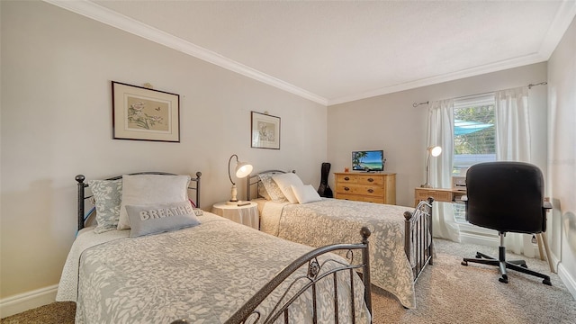 bedroom with carpet floors and ornamental molding