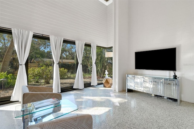 living room with a towering ceiling