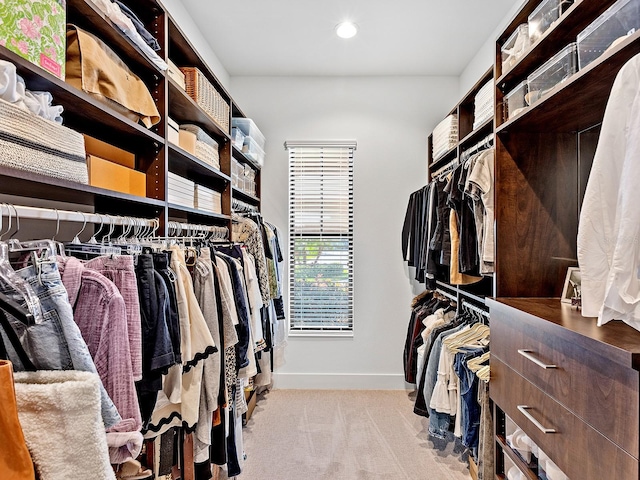 walk in closet with light colored carpet