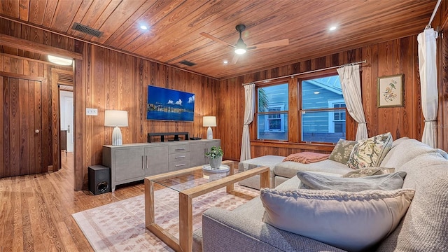 living area featuring wood ceiling, wooden walls, visible vents, and light wood-style floors