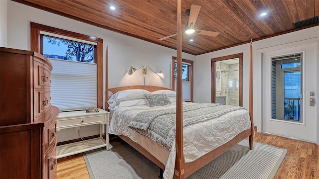 bedroom with a ceiling fan, recessed lighting, wood ceiling, and light wood-style floors