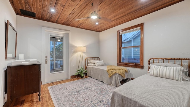 bedroom featuring light wood finished floors, visible vents, wooden ceiling, ceiling fan, and recessed lighting