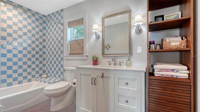 full bath featuring toilet, shower / bathtub combination, and vanity