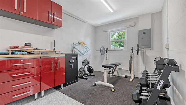 exercise area with electric panel and concrete block wall