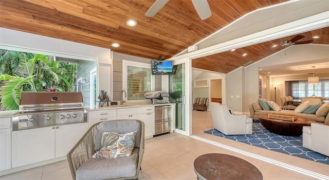 interior space with lofted ceiling, sink, wood ceiling, ceiling fan, and white cabinets