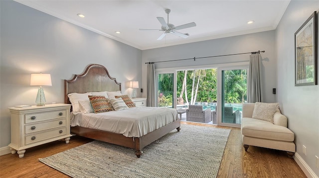 bedroom featuring wood-type flooring, ornamental molding, access to outside, and ceiling fan