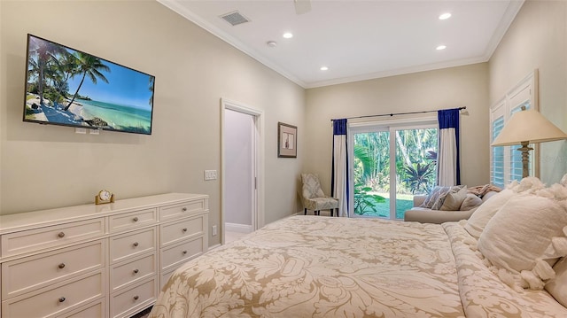 bedroom featuring access to exterior, crown molding, and ceiling fan