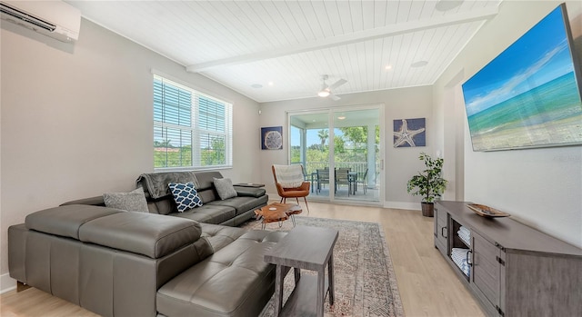 living area with light wood finished floors, wood ceiling, a wall mounted air conditioner, baseboards, and beamed ceiling