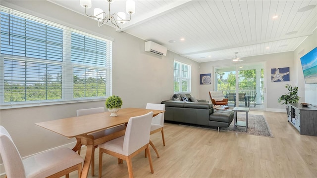 dining space with a wall mounted air conditioner, wooden ceiling, beamed ceiling, light wood-style floors, and a chandelier