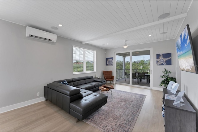 4207 Marina View Way, Cortez, FL 34215 - living area featuring a wall unit AC, light wood finished floors, a wooden ceiling with exposed beams, ceiling fan, and recessed lighting