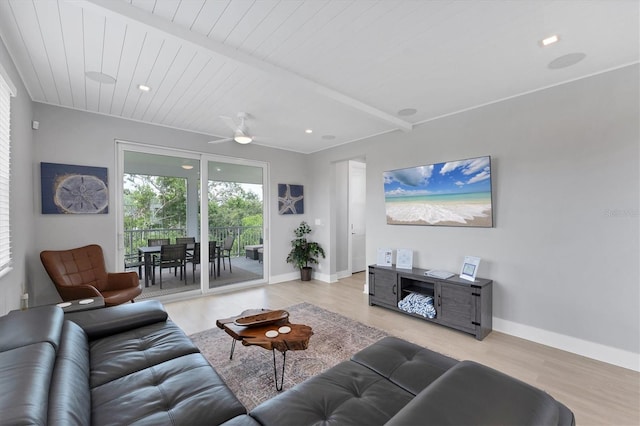 4207 Marina View Way, Cortez, FL 34215 - living room with wood finished floors, a ceiling fan, recessed lighting, and a wooden ceiling with exposed beams