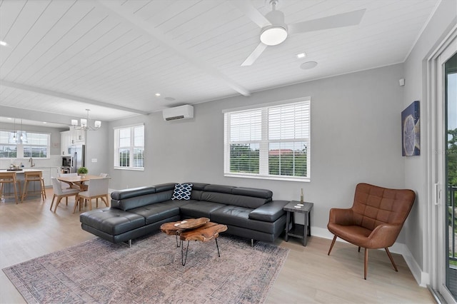 4207 Marina View Way, Cortez, FL 34215 - living room featuring light wood-style floors, an AC wall unit, a ceiling fan, a chandelier, and a wooden ceiling with exposed beams