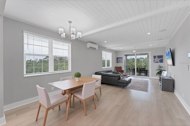 4207 Marina View Way, Cortez, FL 34215 - dining area featuring an AC wall unit, light wood-style floors, a chandelier, a wood ceiling with exposed beams, and recessed lighting