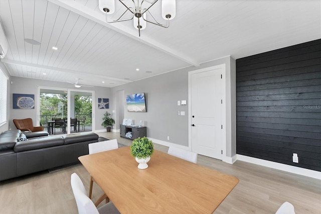 4207 Marina View Way, Cortez, FL 34215 - dining room with light wood-style floors, a chandelier, a wood ceiling with exposed beams, and recessed lighting
