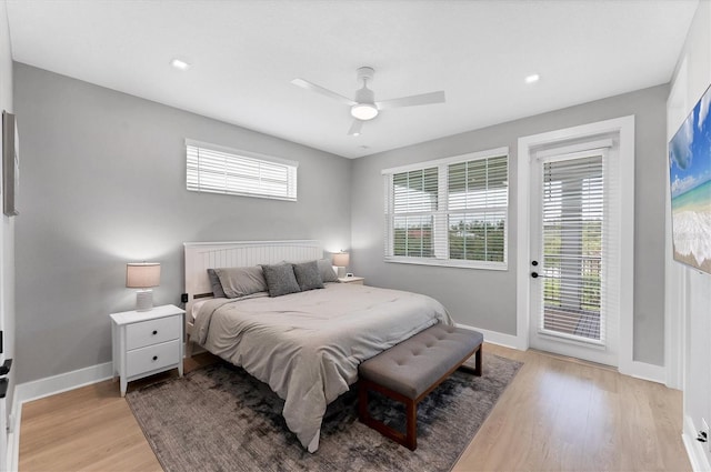 4207 Marina View Way, Cortez, FL 34215 - bedroom with access to outside, multiple windows, light wood-type flooring, ceiling fan, and recessed lighting