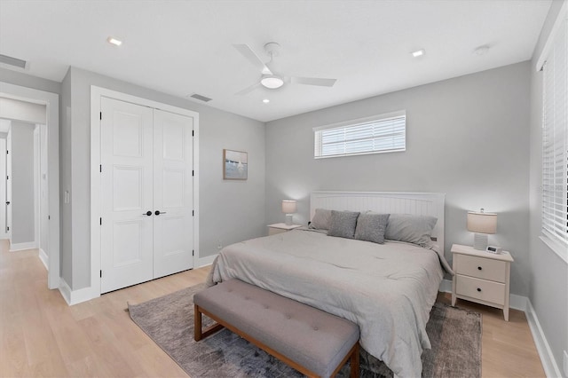 4207 Marina View Way, Cortez, FL 34215 - bedroom featuring light wood finished floors, a closet, ceiling fan, and recessed lighting