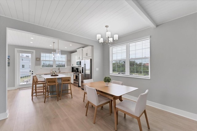 4207 Marina View Way, Cortez, FL 34215 - dining area featuring a chandelier, light wood-style flooring, a wood ceiling with exposed beams, and recessed lighting