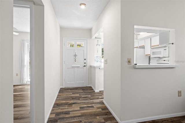 doorway to outside featuring dark wood-type flooring and a textured ceiling