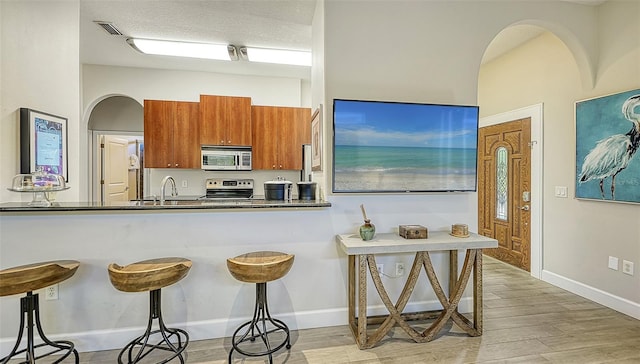 kitchen with sink, a kitchen bar, light hardwood / wood-style floors, kitchen peninsula, and stainless steel appliances