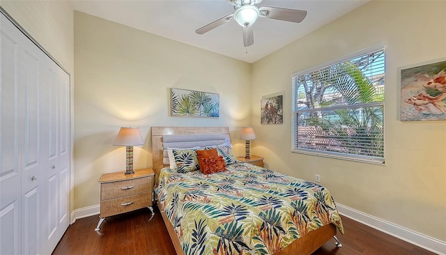 bedroom with ceiling fan, dark hardwood / wood-style flooring, and a closet