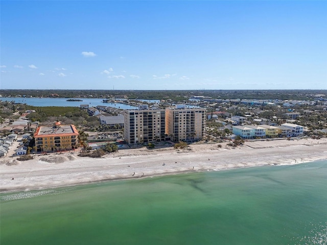 aerial view featuring a view of the beach and a water view