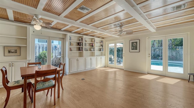 dining space featuring built in features, ceiling fan, coffered ceiling, french doors, and light wood-type flooring