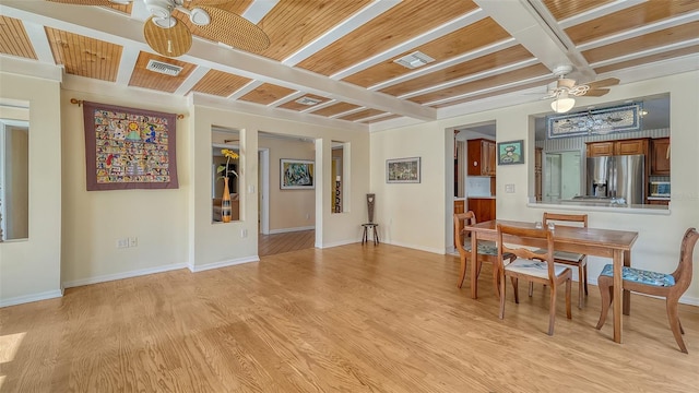 dining area with light hardwood / wood-style floors and ceiling fan