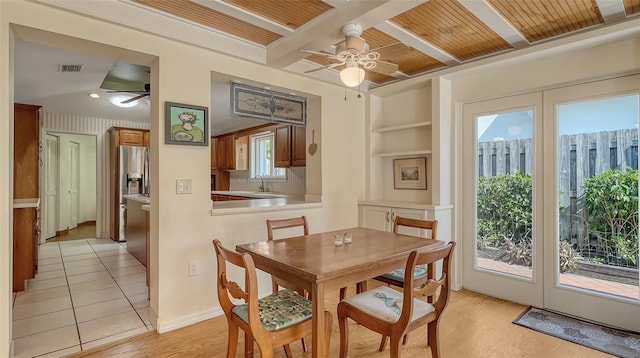 dining room with beam ceiling, coffered ceiling, sink, and ceiling fan