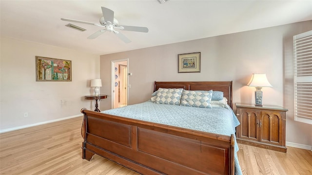 bedroom with ceiling fan and light wood-type flooring