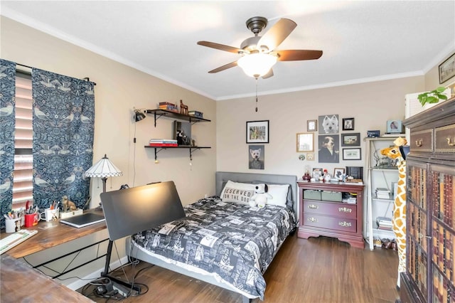 bedroom with wood-type flooring, ceiling fan, and crown molding