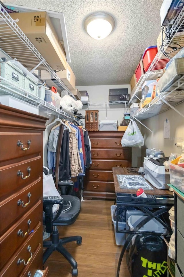 walk in closet with dark hardwood / wood-style floors