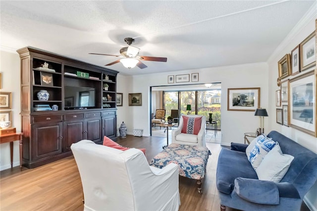 living room with hardwood / wood-style flooring, crown molding, and a textured ceiling