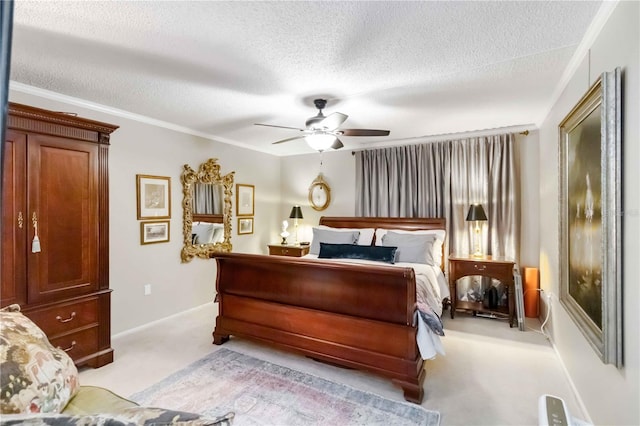 carpeted bedroom featuring crown molding, ceiling fan, and a textured ceiling