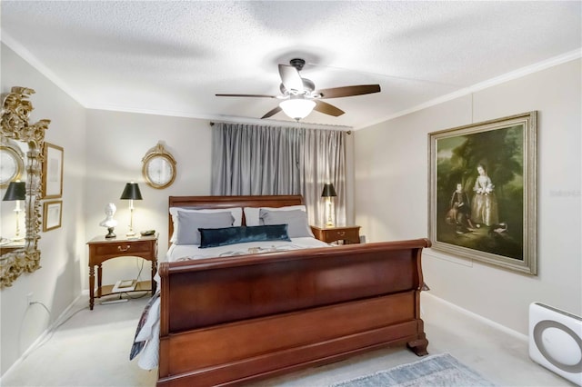 bedroom with light carpet, crown molding, and a textured ceiling