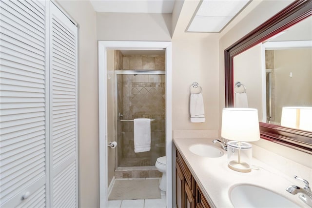 bathroom with vanity, walk in shower, tile patterned floors, and toilet