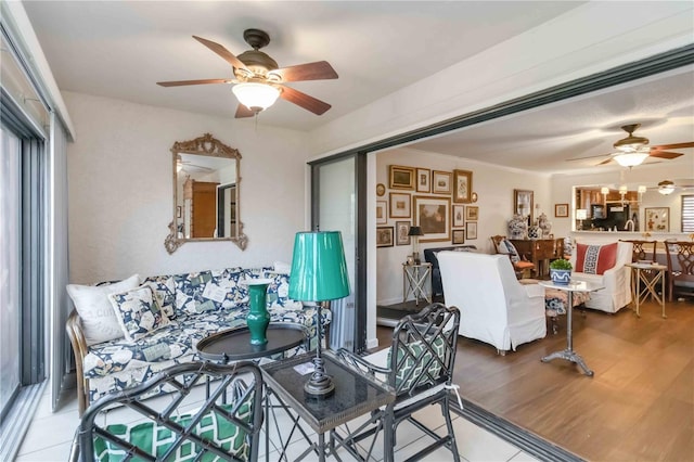 interior space featuring ceiling fan